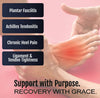 Hand holding a foot with highlighted red area on heel and arch indicating pain, alongside text listing plantar fasciitis,.