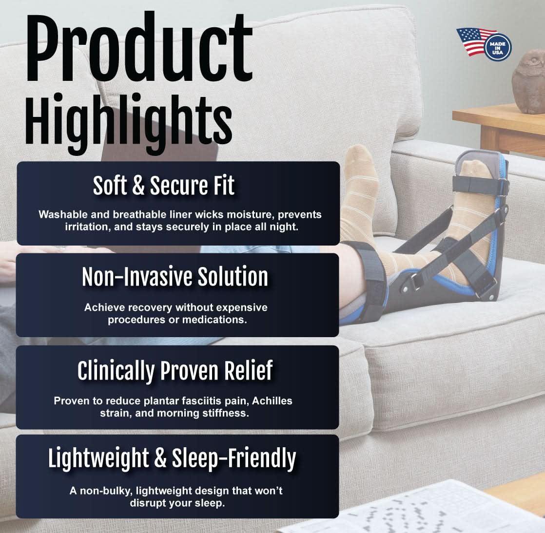 RCAI plantar fasciitis night splint in beige and black with adjustable straps, cushioned calf support, labeled best.