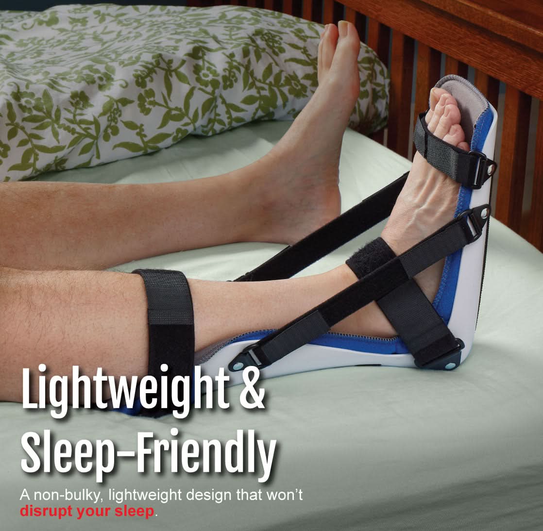 RCAI plantar fasciitis night splint in black and white, worn on left foot with adjustable straps, made in the USA, best.