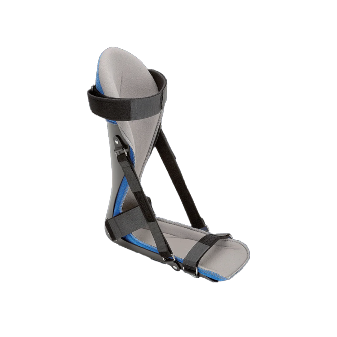 Gray and blue RCAI plantar fasciitis night splint with adjustable black straps, rigid support frame, made in the USA, best.
