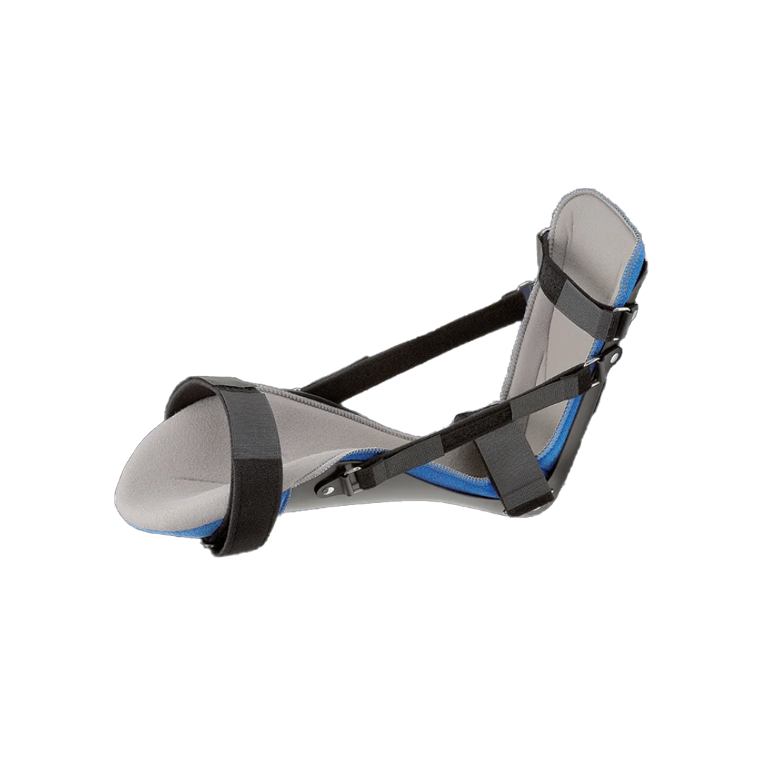 Gray and black RCAI Plantar Fasciitis Night Splint with blue accents, adjustable straps, and padded foot and calf support,.