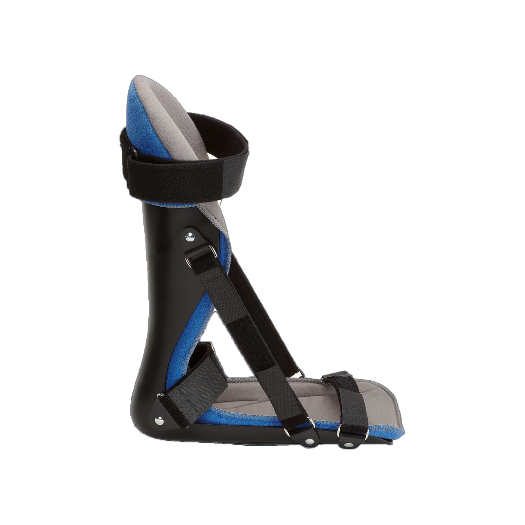 Black and blue RCAI plantar fasciitis night splint with adjustable straps and cushioned interior, made in the USA, best.