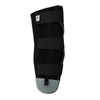 Black rigid below knee amputee dressing protector with three adjustable Velcro straps and gray rounded base, made in the.