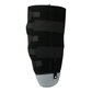 Black below knee amputee rigid dressing protector with adjustable Velcro straps and gray hard protective cap, made in the.