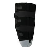 Black below knee amputee rigid dressing protector with four adjustable straps and a gray molded end, made in the USA, RCAI,.