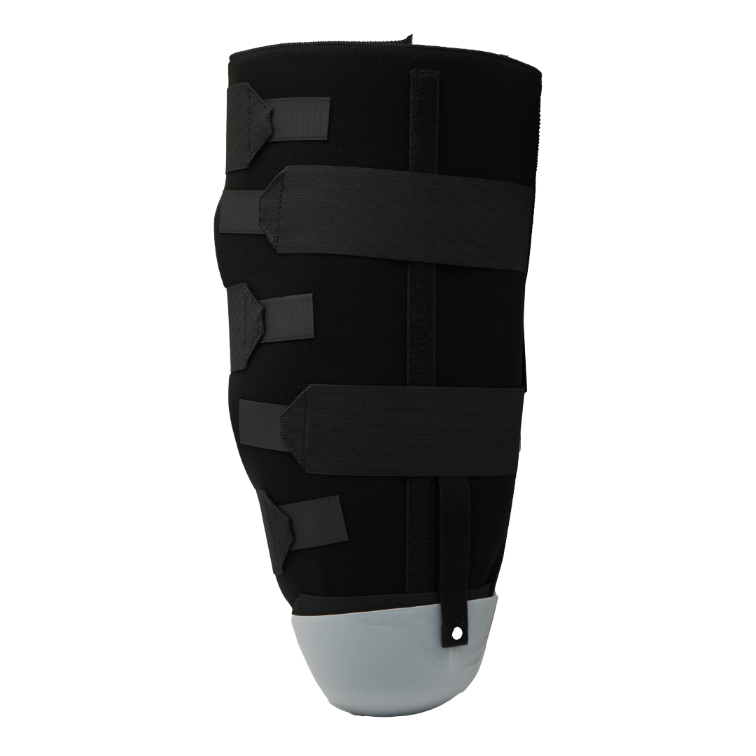 Black below knee amputee rigid dressing protector with four adjustable straps and a gray molded end, made in the USA, RCAI,.