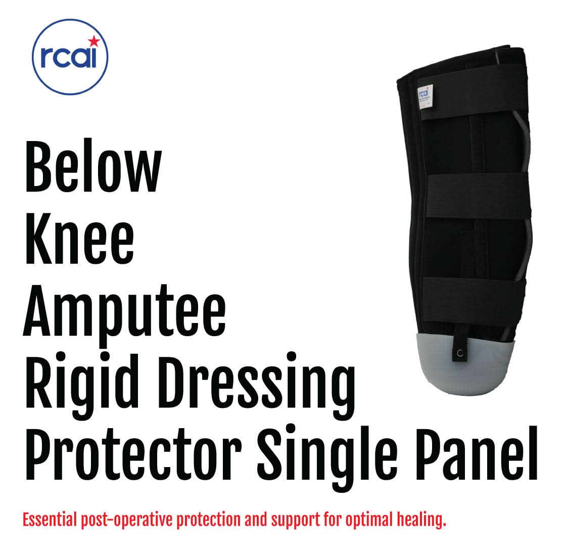 Black below knee amputee rigid dressing protector with single panel design, adjustable straps, and grey cushioned bottom,.
