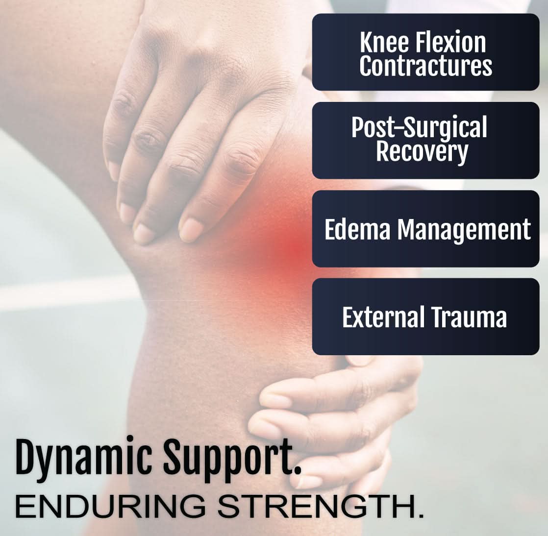 Person holding below-knee area with text overlays highlighting knee flexion contractures, post-surgical recovery, edema.