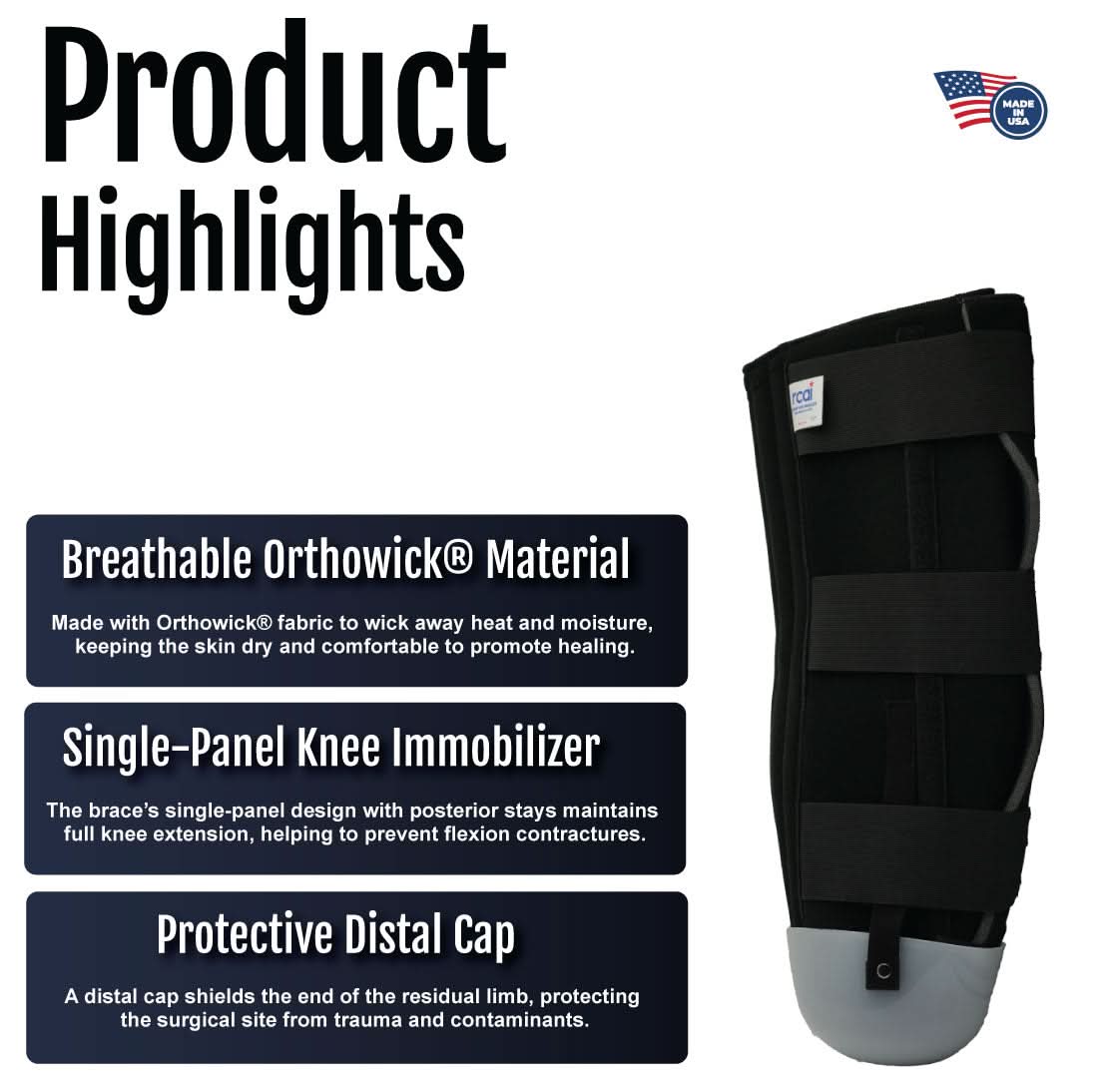 Black below knee amputee rigid dressing protector with single-panel knee immobilizer, breathable Orthowick® material,.