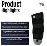 Black below knee amputee rigid dressing protector with single-panel design, adjustable straps, made in the USA, breathable.
