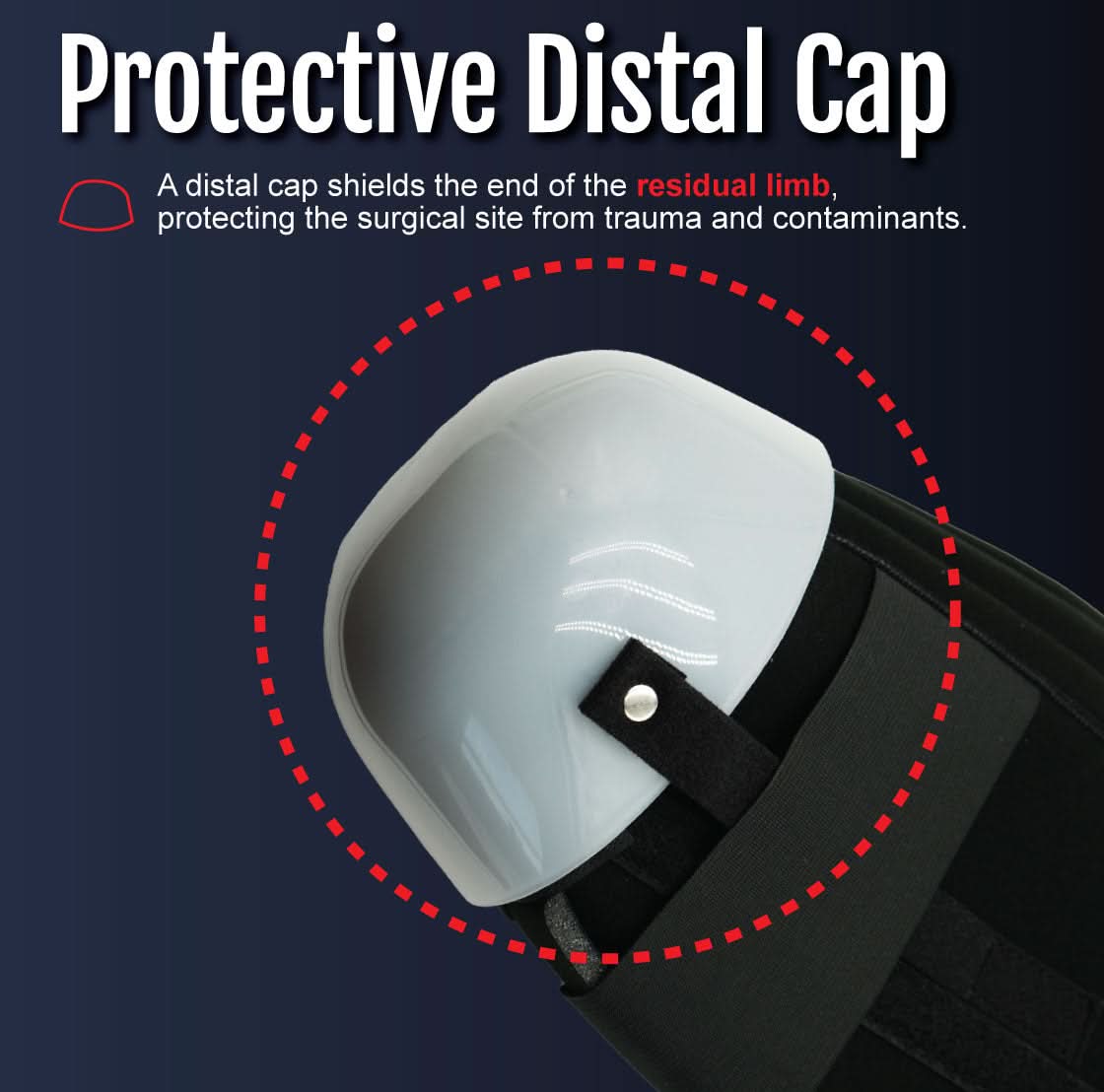 White rigid protective distal cap attached with black strap over black below-knee amputee rigid dressing protector panel,.