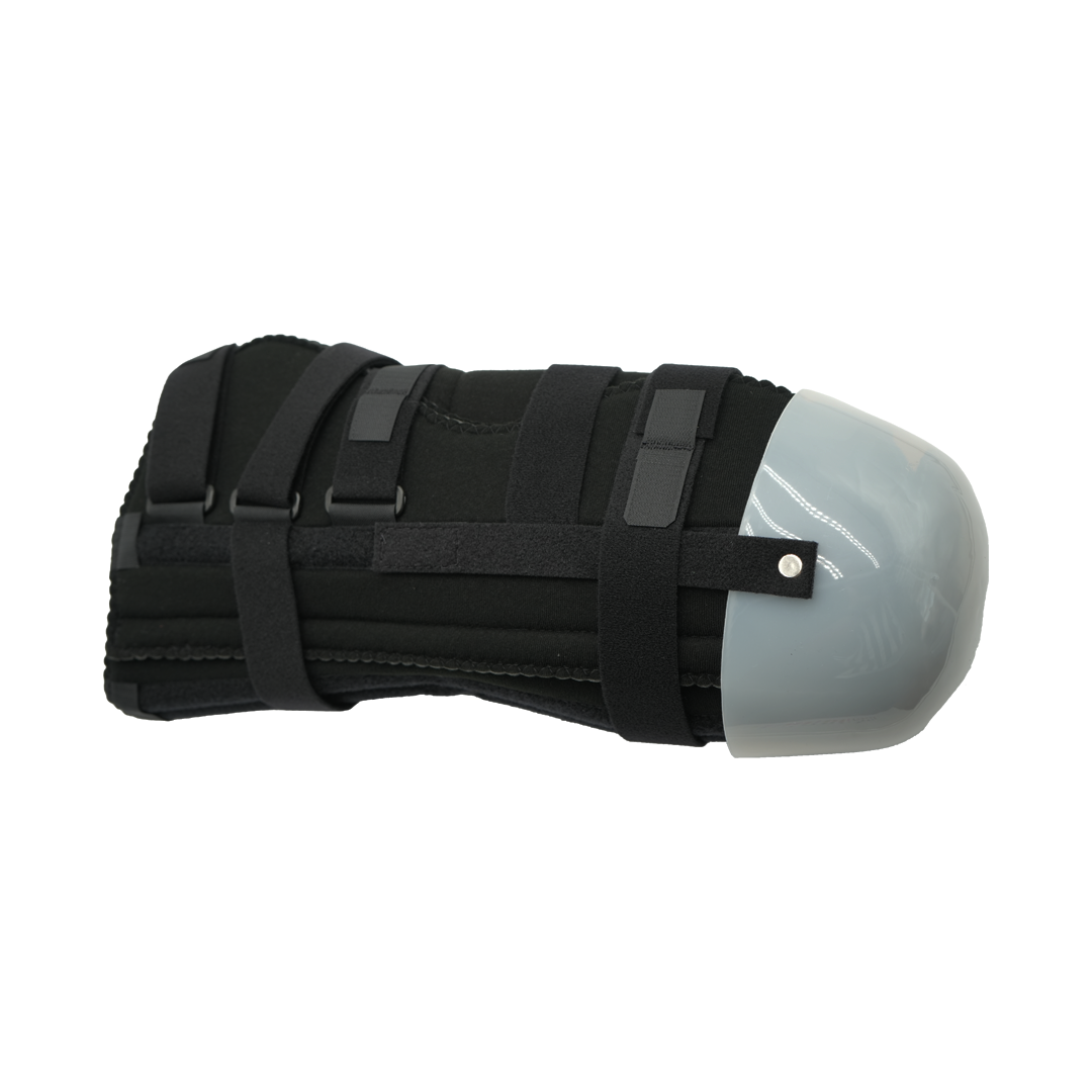 Black below knee amputee rigid dressing protector with tri-panel design, secured by multiple adjustable straps, showcasing.