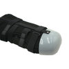 Below knee amputee rigid dressing protector with tri-panel black straps and smooth white protective cap, made in the USA,.