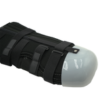 Below knee amputee rigid dressing protector with tri-panel design, black adjustable straps, and white hard cap, made in the.