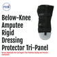 Black below-knee amputee rigid dressing protector with tri-panel design, adjustable straps, made in the USA by RCAI, best.