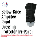 Black below-knee amputee rigid dressing protector with tri-panel design and adjustable Velcro straps, made in the USA, RCAI, .
