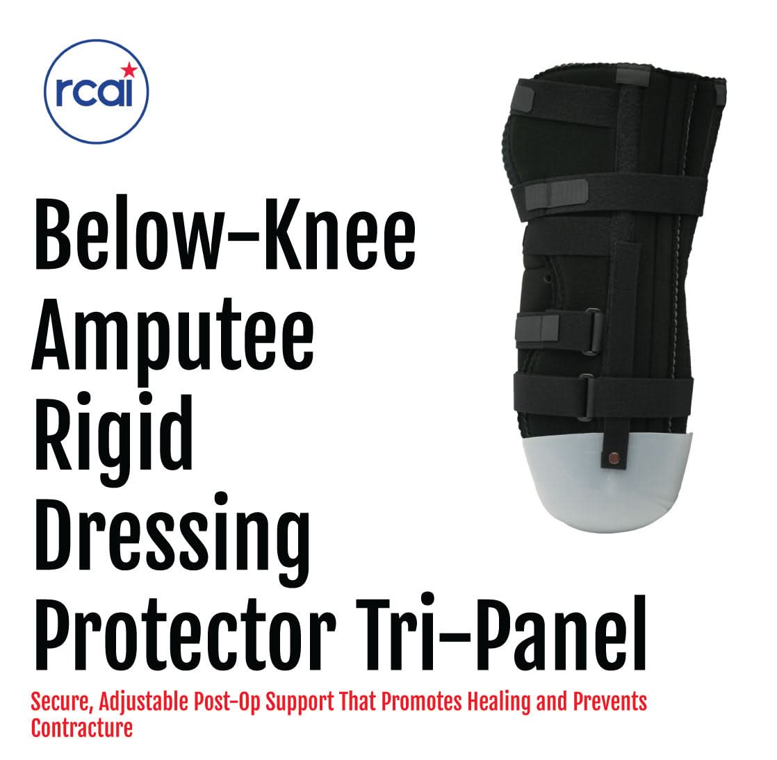 Black below-knee amputee rigid dressing protector with tri-panel design and adjustable Velcro straps, made in the USA, RCAI, .