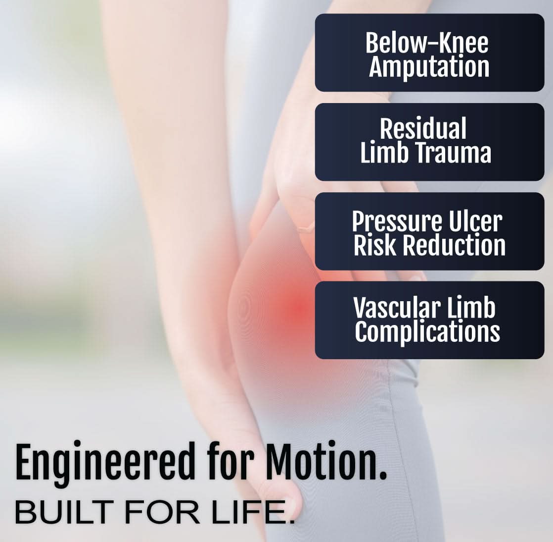 Below knee amputee rigid dressing protector tri-panel highlighting leg with red pressure ulcer area, made in the USA, RCAI,.