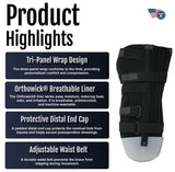 Black below knee amputee rigid dressing protector with tri-panel wrap design, adjustable waist belt, and multiple secure.