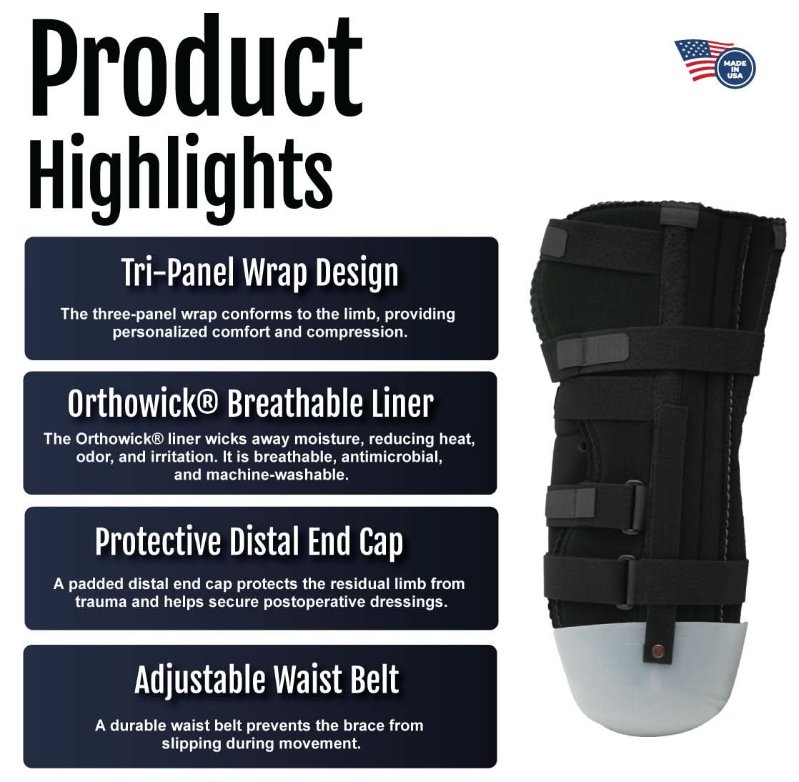 Black below knee amputee rigid dressing protector with tri-panel wrap design, adjustable waist belt, and multiple secure.