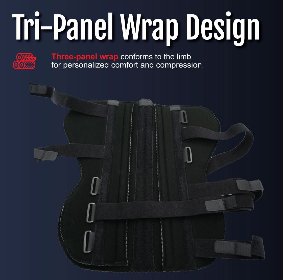 Black below knee amputee rigid dressing protector with tri-panel wrap design, adjustable straps, and metal rounded-edge.