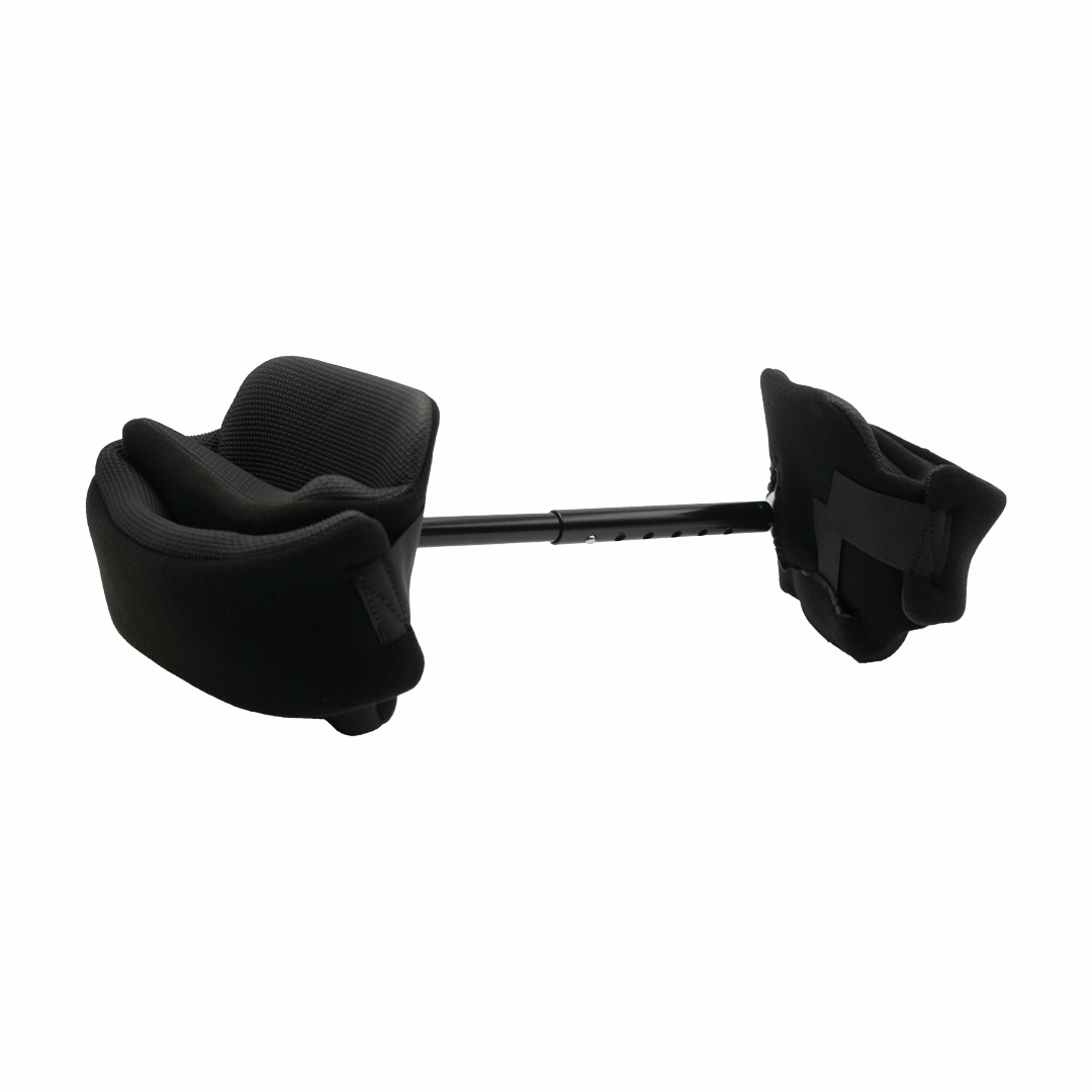 Black pediatric abduction bar with padded foam supports and adjustable metal connecting rod, made in the USA, best.