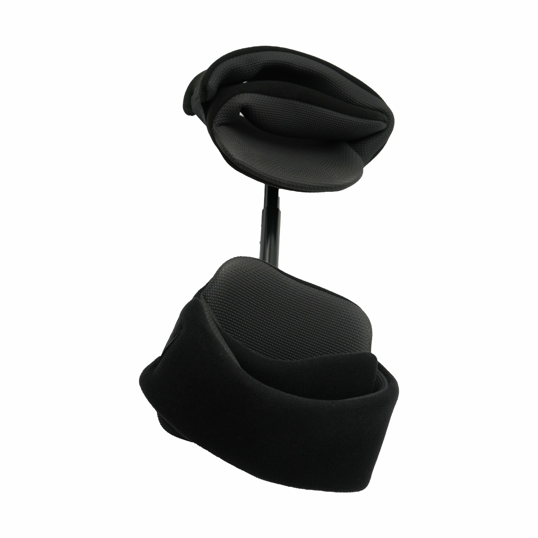 Black orthopedic abduction bar with padded curved sections and adjustable metal support rod, made in the USA, best.