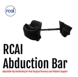 Black padded abduction bar with adjustable metal rod, designed for post-surgical and pediatric support, made in the USA,.
