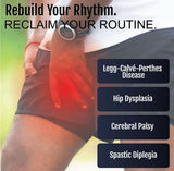 Orthopedic abduction bar brace in black, worn around patient's thighs with red highlights indicating targeted hip support,.
