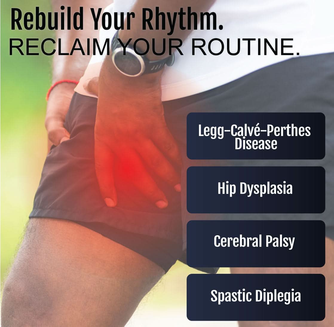 Orthopedic abduction bar brace in black, worn around patient's thighs with red highlights indicating targeted hip support,.