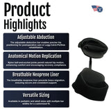 Abduction Bar product highlights text featuring adjustable abduction for precise hip positioning, anatomical motion.