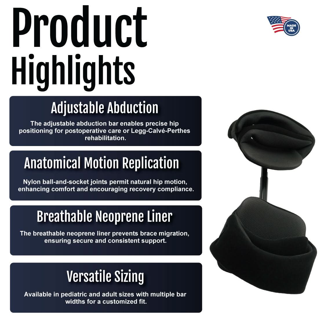 Abduction Bar product highlights text featuring adjustable abduction for precise hip positioning, anatomical motion.