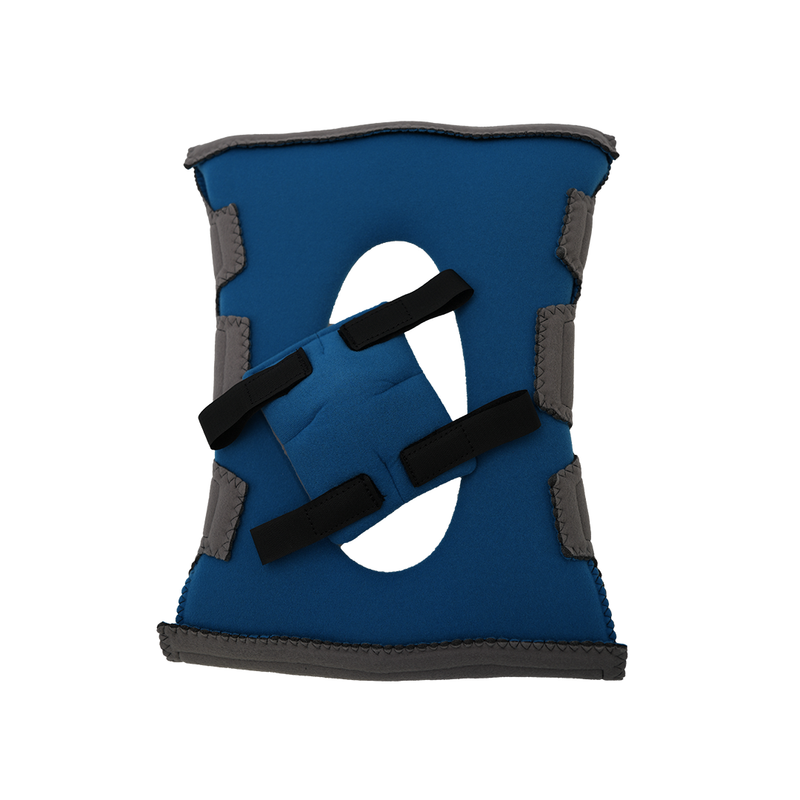 Blue neoprene knee brace with black adjustable straps and gray reinforced edges, open patella design.