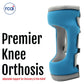 Blue RCAI Premier Knee Orthosis with adjustable straps, and gray trim, breathable design, made in the USA, best orthopedic.