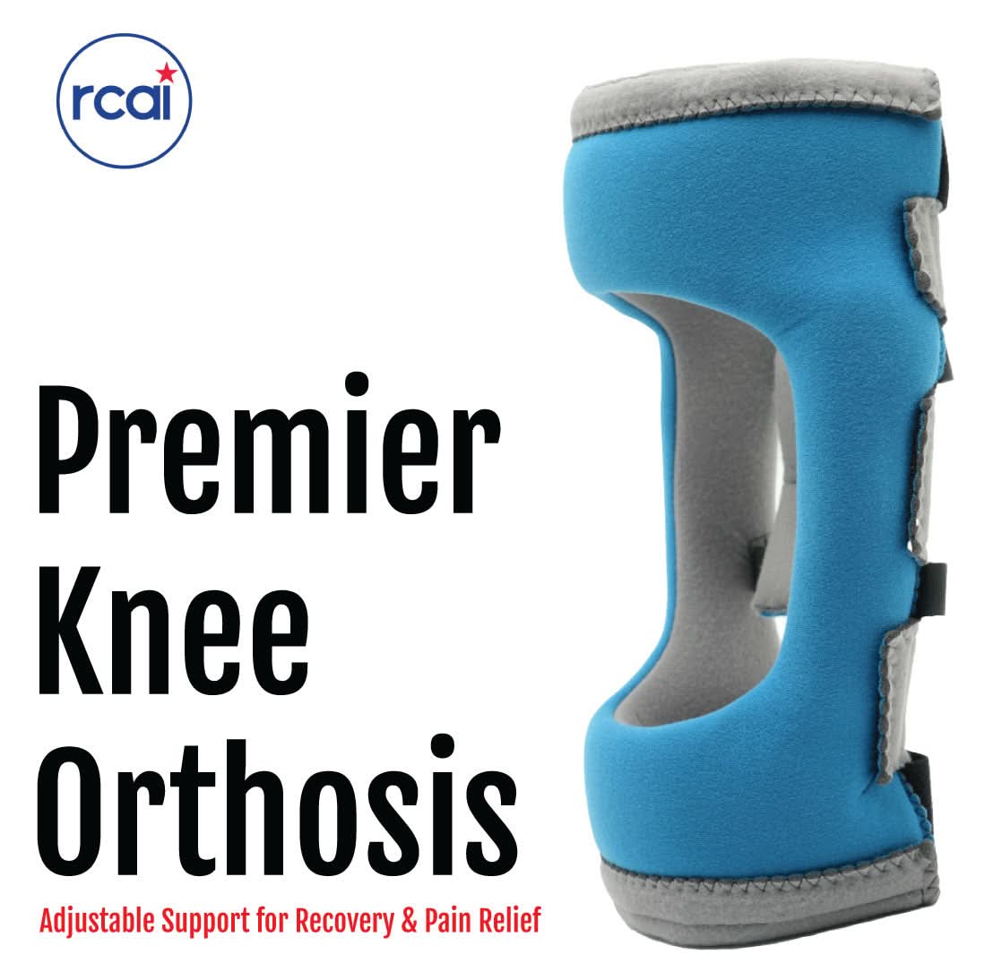 Blue RCAI Premier Knee Orthosis with adjustable straps, and gray trim, breathable design, made in the USA, best orthopedic.