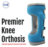Blue RCAI Premier Knee Orthosis with adjustable straps, and gray trim, breathable design, made in the USA, best orthopedic.