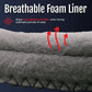 Close-up of breathable foam liner in gray with red arrows indicating airflow, highlighting long-lasting comfort for RCAI.