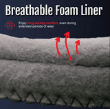 Close-up of breathable foam liner in gray with red arrows indicating airflow, highlighting long-lasting comfort for RCAI.