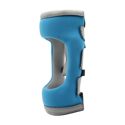 Blue and gray adjustable RCAI Premier knee orthosis with three black straps, made in the USA, best orthopedic braces for B2B .