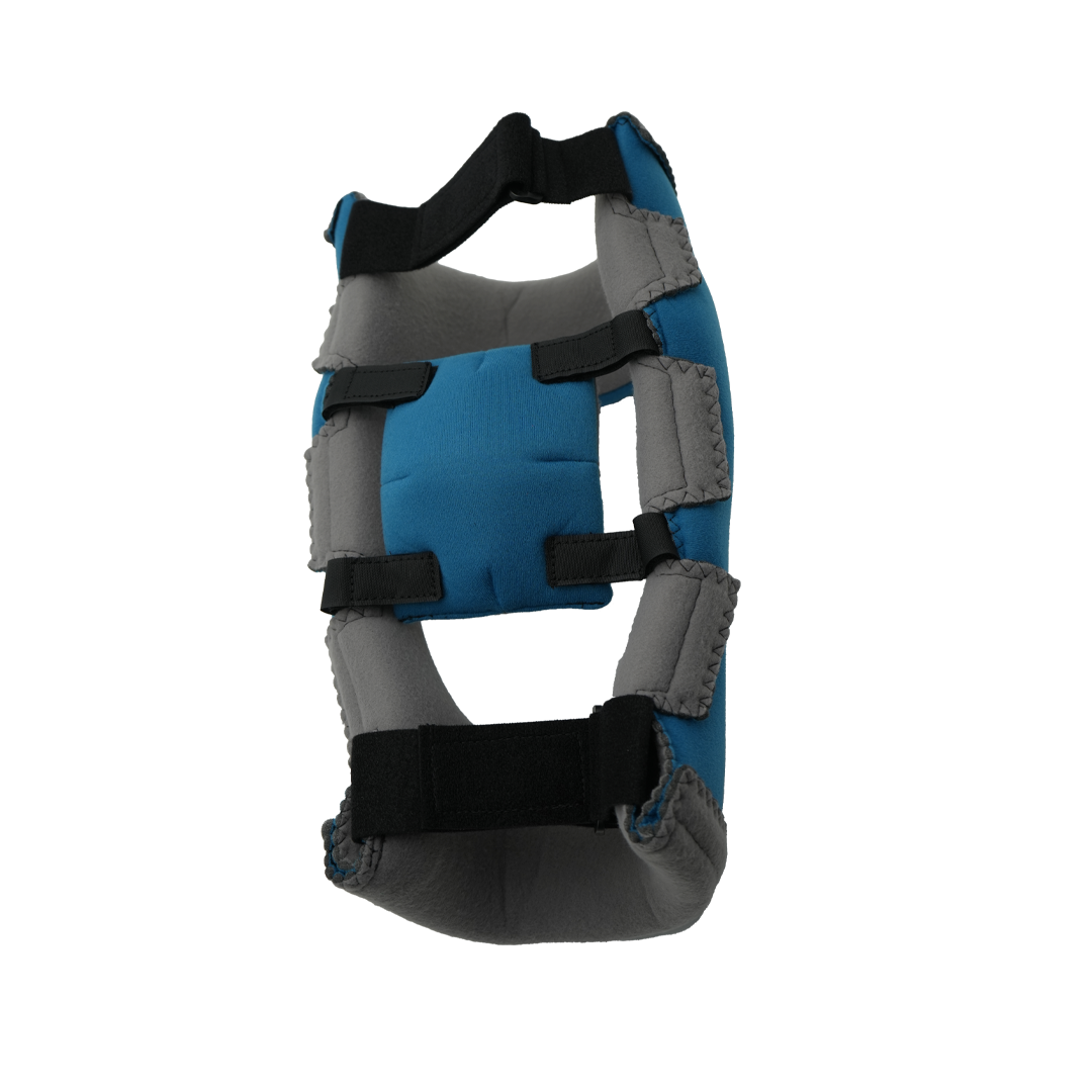 RCAI Premier Knee Orthosis in blue and gray with adjustable black straps, breathable fabric, made in the USA, best.