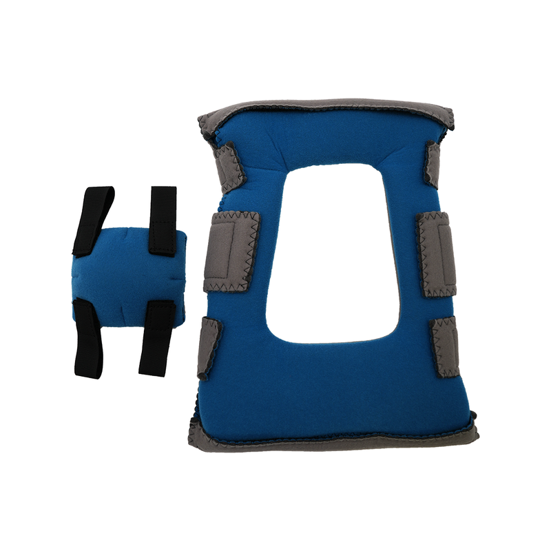 Blue fabric elbow orthosis accessory kit with gray padded sections and adjustable black straps, made in the USA.