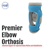 Blue Premier Elbow Orthosis with open hinge design, soft padded interior, adjustable straps, labeled made in the USA, ideal.