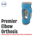 Blue Premier Elbow Orthosis with gray trim and adjustable straps, designed for support and made in the USA, RCAl branding.