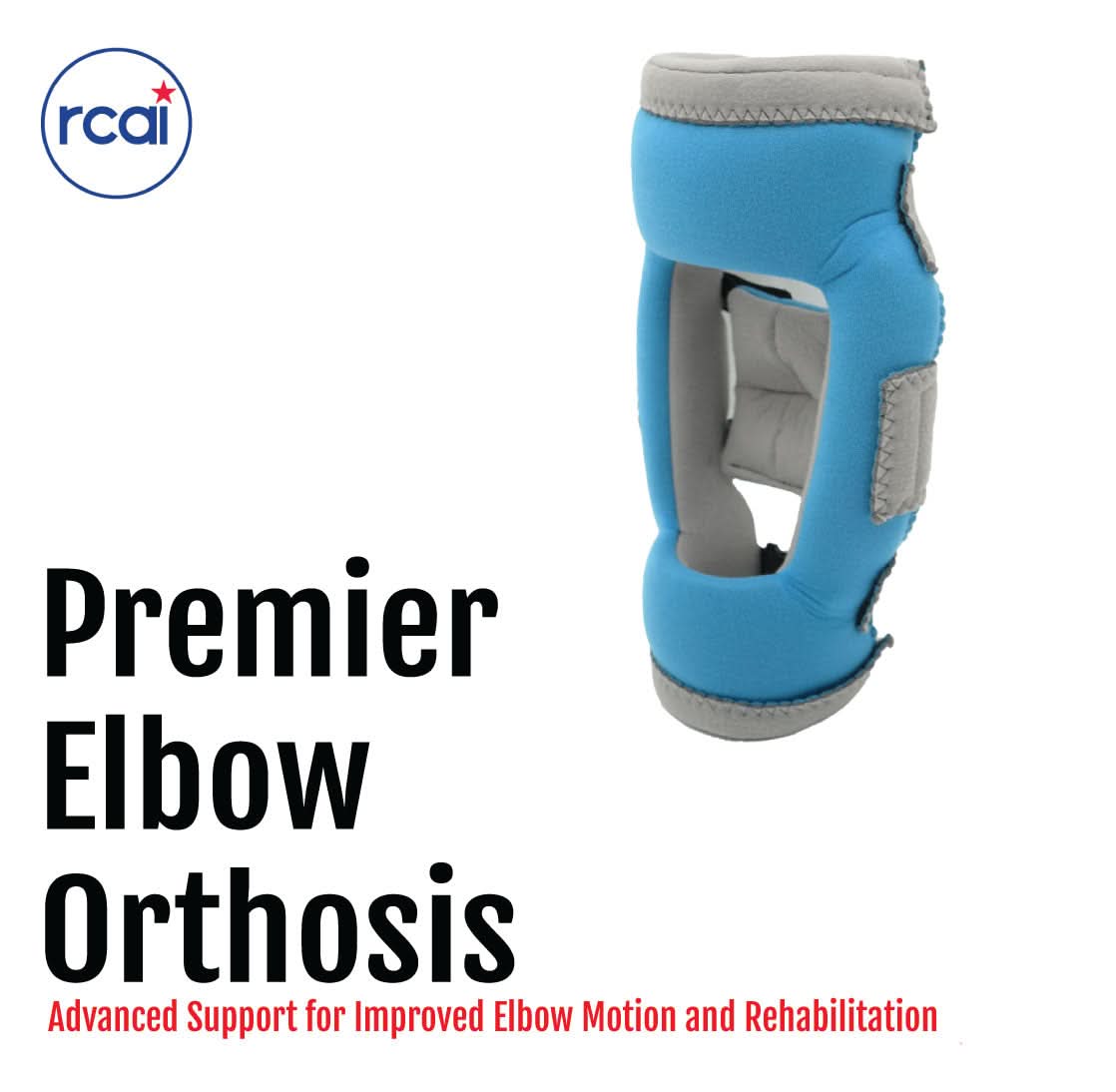 Blue Premier Elbow Orthosis with gray trim and adjustable straps, designed for support and made in the USA, RCAl branding.