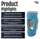 Premier Elbow Orthosis with adjustable gray and blue thermoplastic humeral and forearm cuffs, breathable one-piece foam.