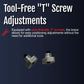 Close-up of two small metallic tool-free "T" screws for easy adjustment, highlighting user-friendly design, ideal for best.