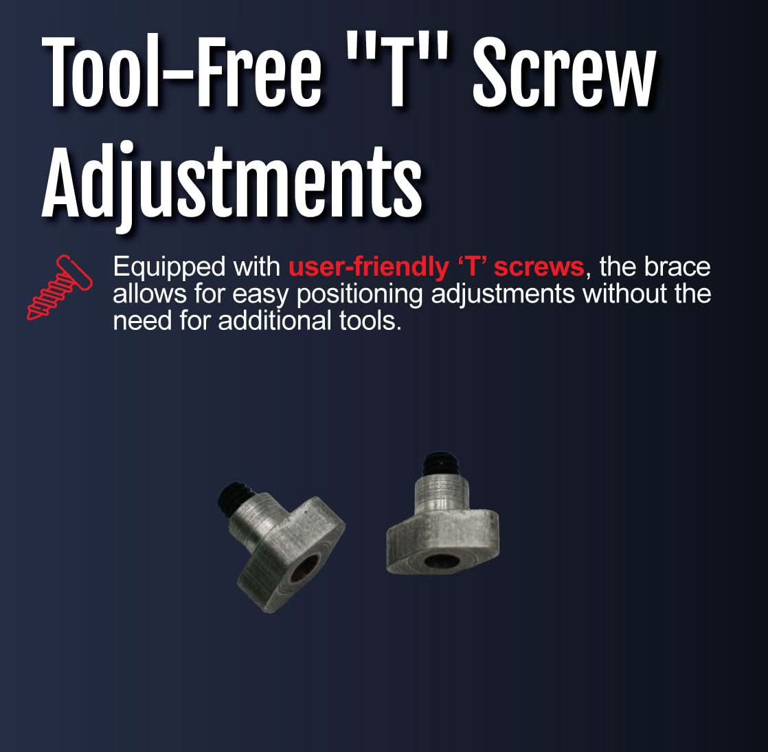 Two black tool-free "T" screws for Premier Elbow Orthosis showing user-friendly adjustment design, made in the USA by RCAI,.