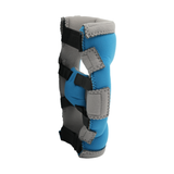 Premier Elbow Orthosis in blue and gray with black adjustable straps, made in the USA, top-rated by RCAI, ideal for B2B.