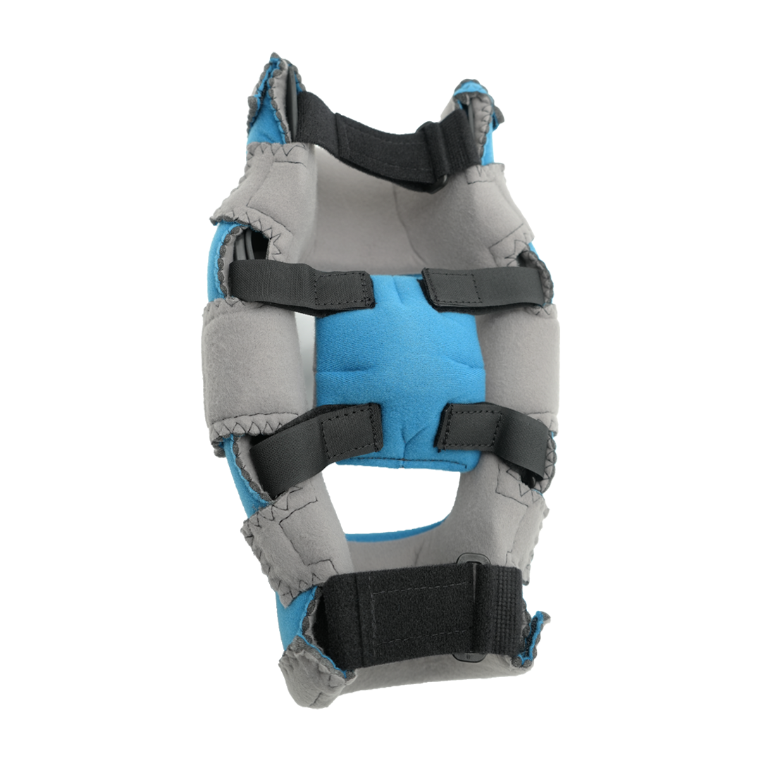 Blue and gray Premier Elbow Orthosis with adjustable black straps, sleek contoured design, made in the USA, best orthopedic.