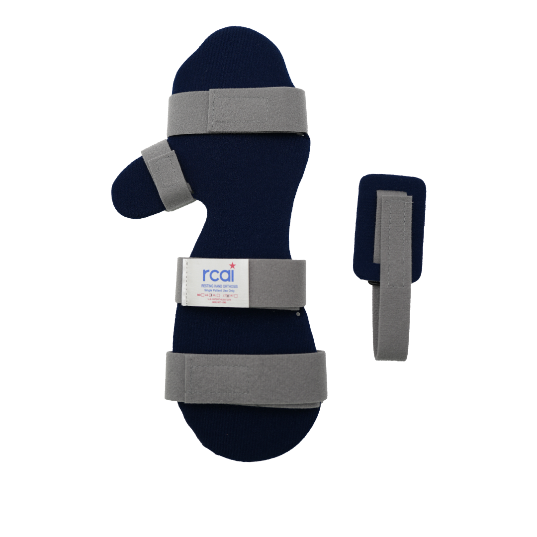 Navy blue resting hand orthosis with adjustable gray straps and rcaI label, made in the USA, premium b2b orthopedics.